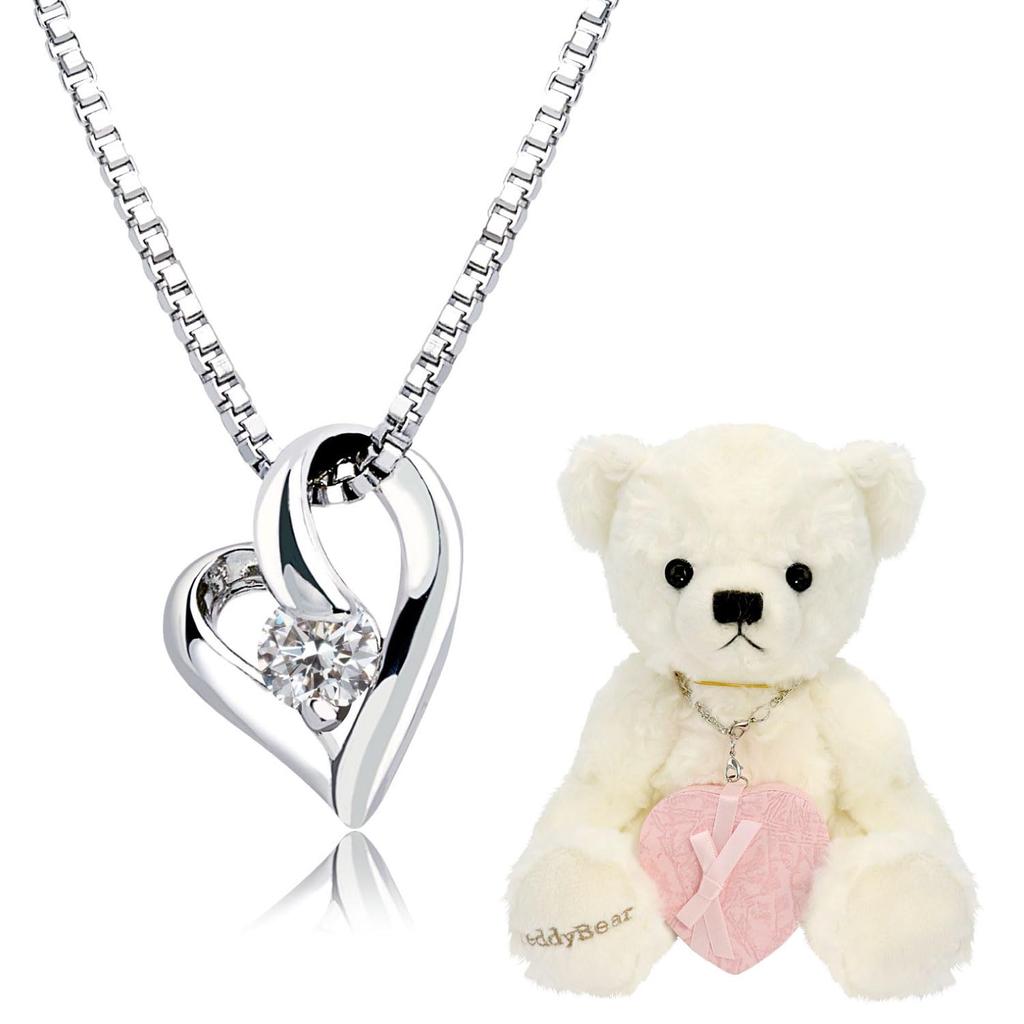 Sears White Teddy Bear Necklace in White Gold with Open Heart and Women's Zirconia, p6127-tdt-01-w-w
