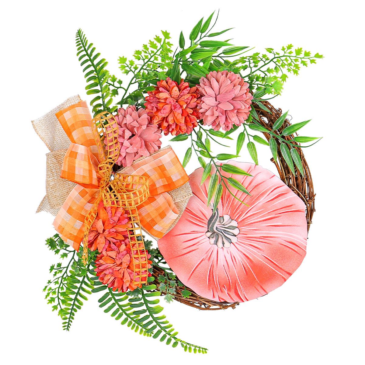 

Thanksgiving Day Door Wreath Artificial Silk Flower Pumpkin Berry Manmade Garland Cloth Rattan Material Home Decoration розовый