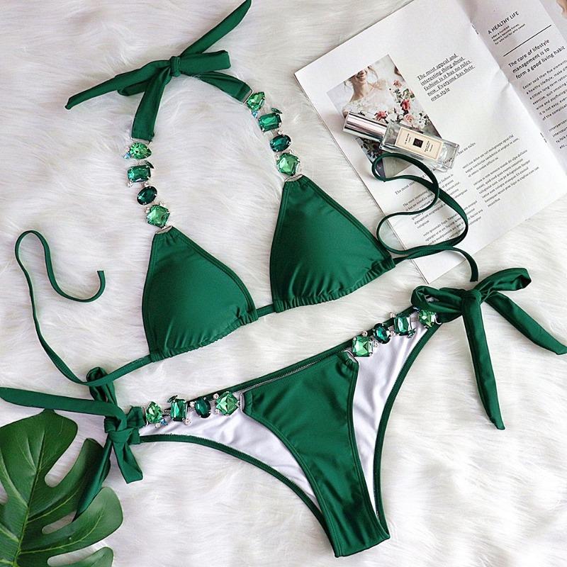 Women S Sexy Solid Color Bikini Set With Metal Chain Accessories Swimwear