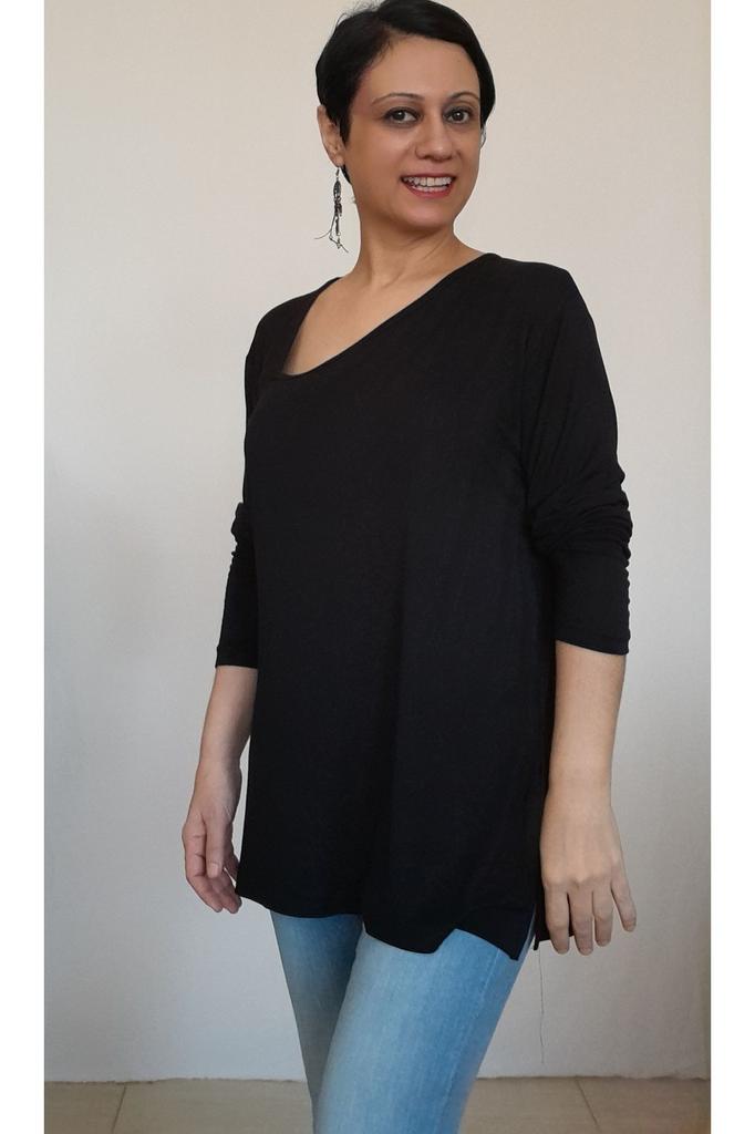 Damen Stil Große Größe T-Shirt Schwarz Seite V-Ausschnitt Gekämmte Baumwolle Viskose T-Shirt