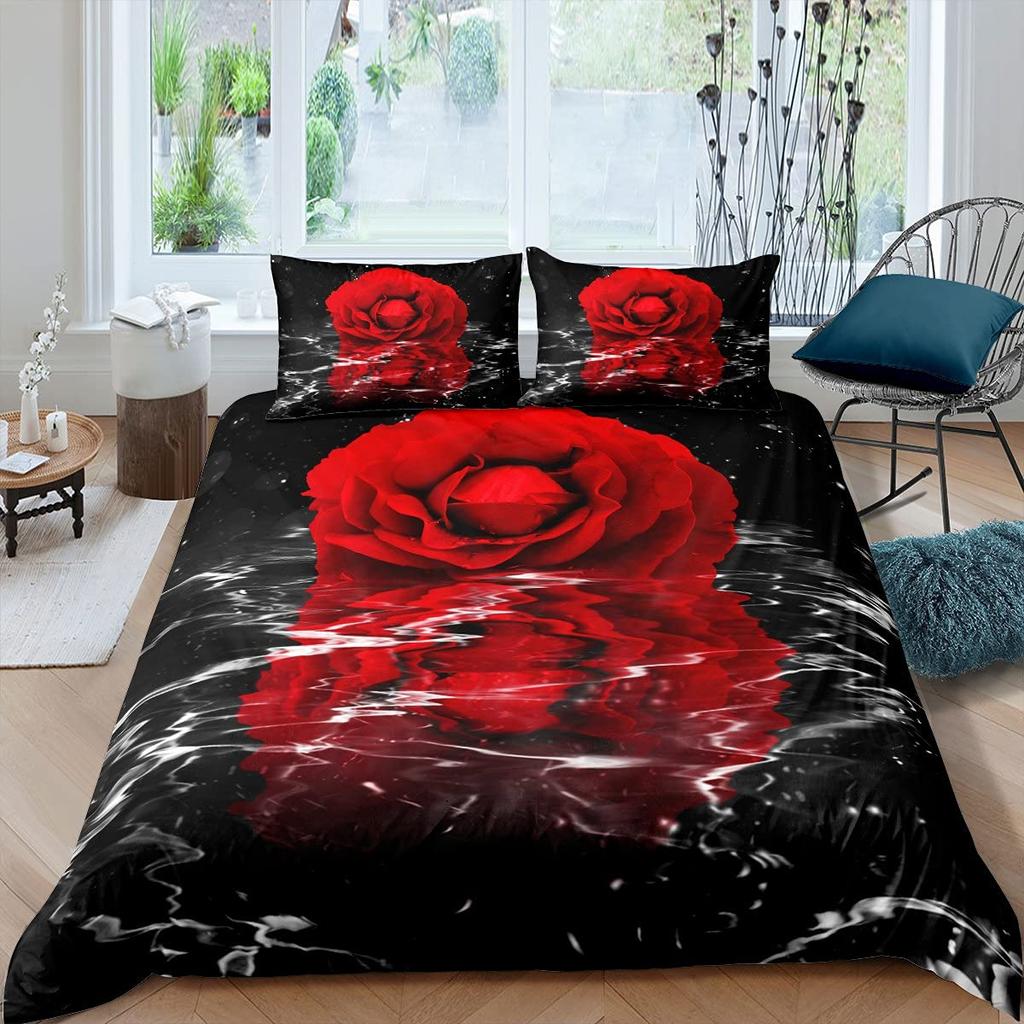 Ensemble Housse de Couette Rose Rouge Ensemble de Literie Imprimé Fleur de Rose Style Romantique Frais Taille King Housse de Couette avec Taies d'Oreiller pour Amoureux