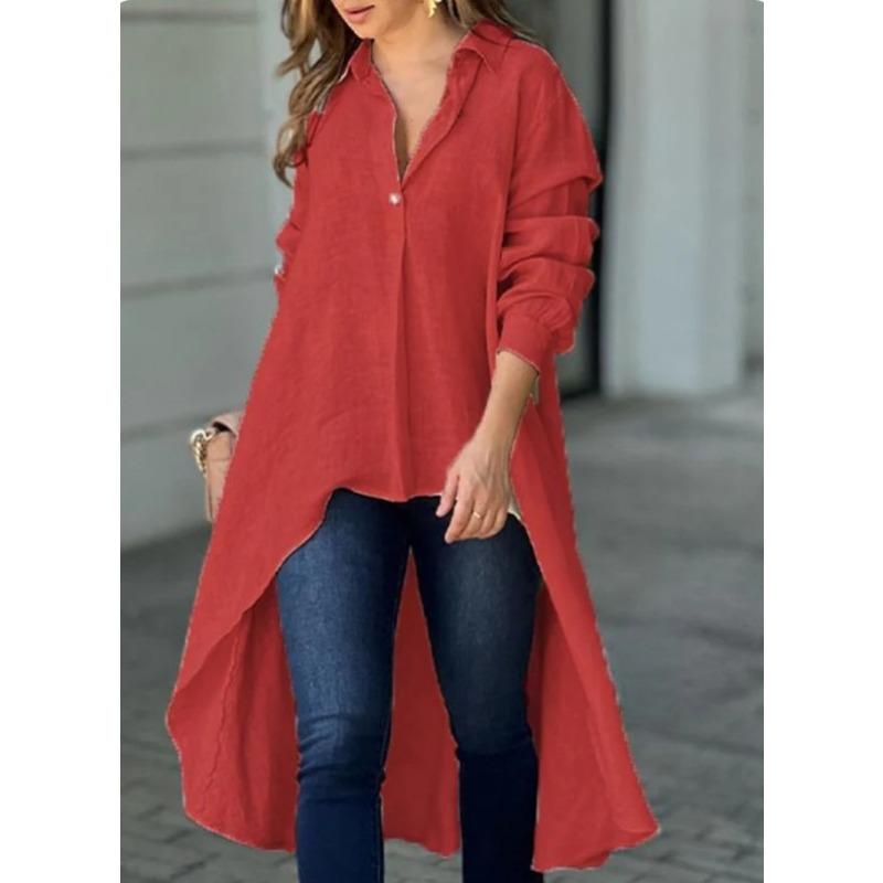 

Осенне-зимняя женская элегантная рубашка с длинным рукавом и однотонными лацканами 4XL красный