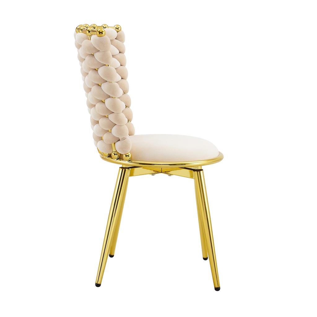 Set of 2 Decorative Dining Chairs Made of Velvet Fabric, with Gold-Colored Metal Legs, Upholstered Seats and Backrests Made of Braided Rope