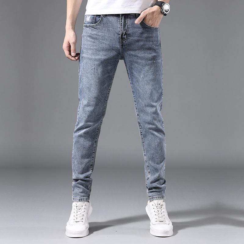Summer men's jeans slim fit elastic pants for men Korean style trendy youth light-colored trousers