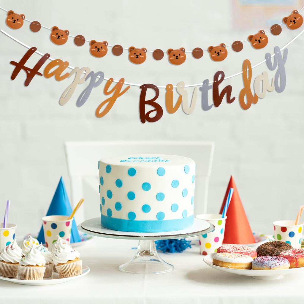 Happy Birthday Banner Retro Brown Bear Background Wall layout Paper String Hanging Decorations Kids Birthday Party Supplies