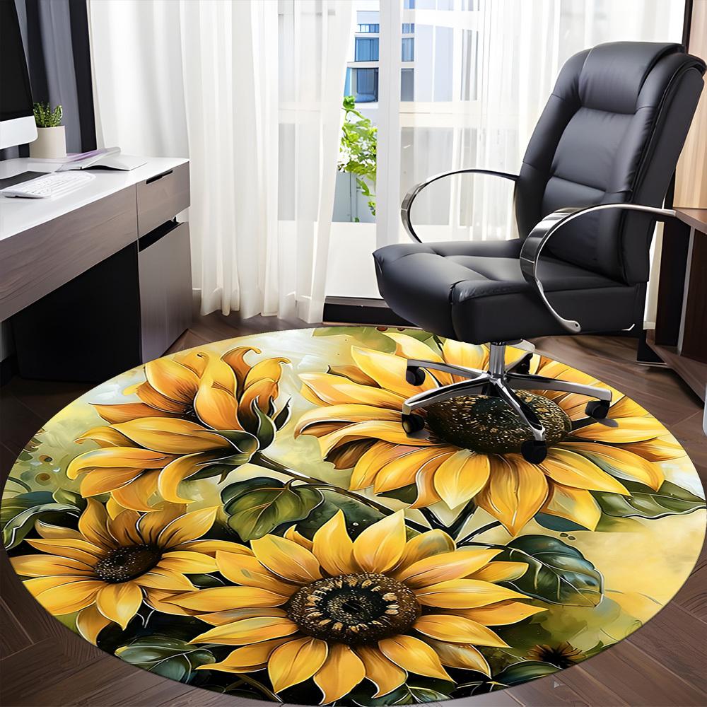 1PC Sunflower Garden Office Round Area Rug, Mat Suitable For Office, Under Office Chairs Bedroom Living Room Home Decor, Room Deco