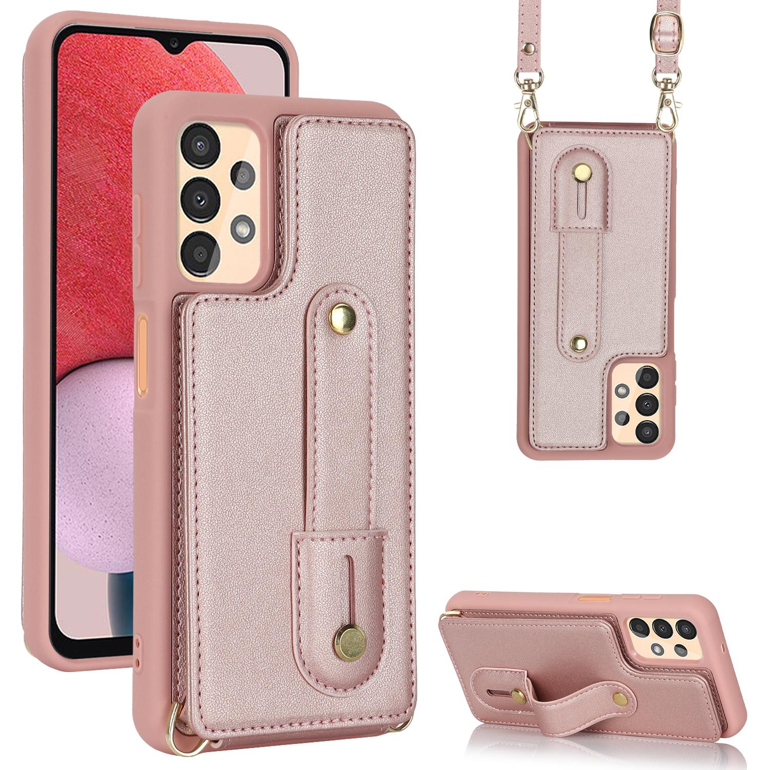 

For Samsung Galaxy A53 5G PU Leather+TPU Phone Case Card Slots Design Wristband Kickstand Cover Rose Gold