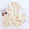Neues dreiteiliges Pyjama-Set für Damen im Frühjahr und Sommer, kurze Ärmel + Shorts + Hose, 100 % Baumwollgaze, Homewear-Set mit Love-Print