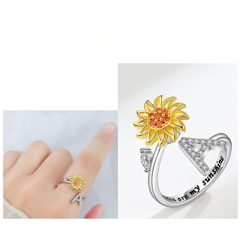 Creative Sunflower Rotating Ring 26 Letters Adjustable Open Design Women's Fashion Finger Jewelry Daily Wear & Gift Accessories