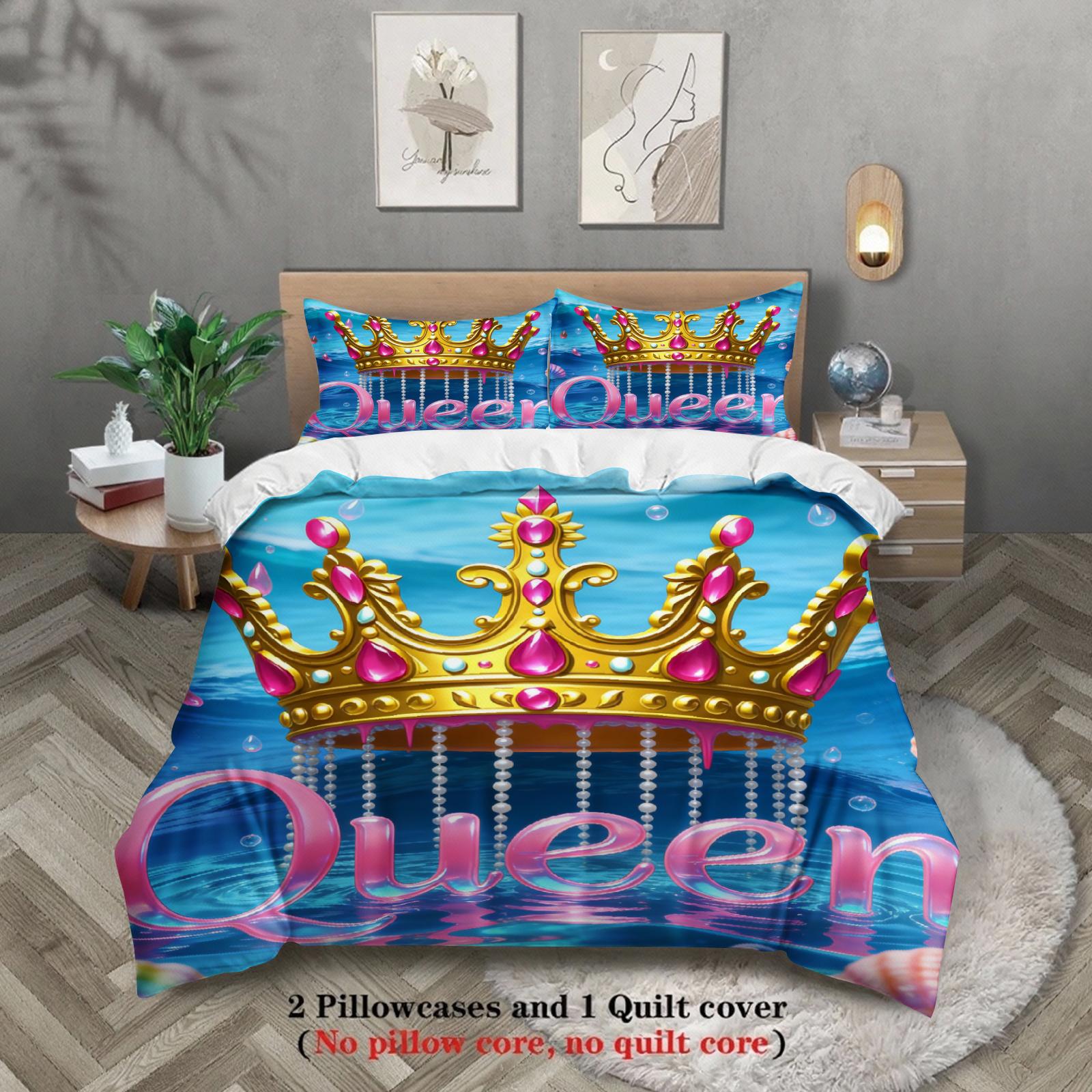 Queen And King Bedding Set Black Gold Crown Print Bedding With Duvet Cover Pillowcases For Couples Bedroom EU Twin(135x200cm)