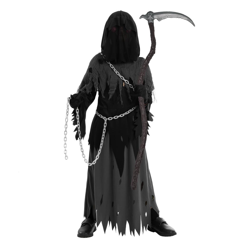 Joyfy Child Glowing Eyes Grim Reaper Costume, Phantom Costume for Kids Halloween Fancy Dress Up 5-12 Years