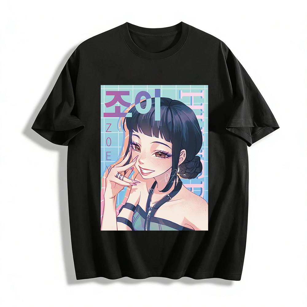 

Cool Freckle Girl Zoey Print Short Sleeve T-shirt Trendy Anime Style Loose Casual Top For Women Pure cotton T-shirt 6XL