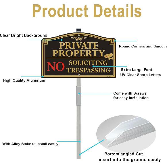 Private Property No Trespassing Sign, 12" x 8" No Soliciting Sign Aluminum with 28" Tall Alloy Stake for Easy Installation, Rust-Free& Fade Resistant