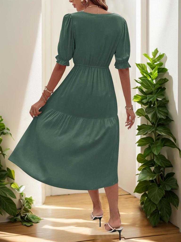 2025 European & American Summer Women's V-neck Solid Color Waist-cinching Dress