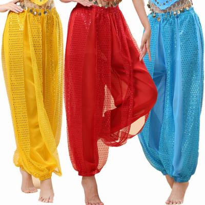 Women Performance Pants Elastic High Waist Solid Color Bloomers Sequined Decor Folk Dance Adult Belly Dance Costume Pants