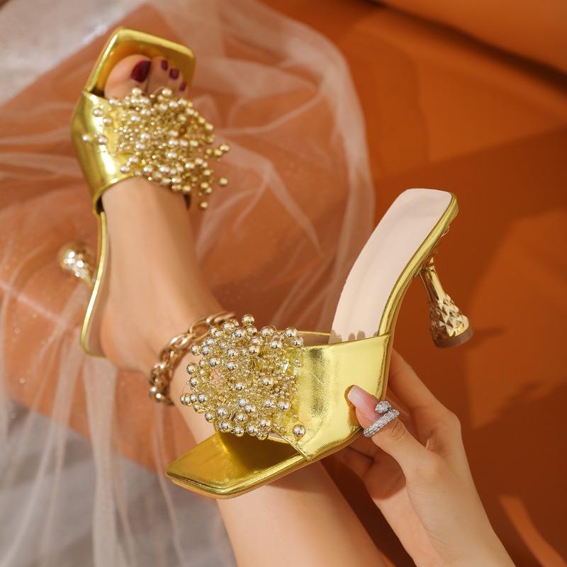 Fashion Summer New Style Fashionable Square Toe Women's Slippers String Beads High Heels Women's Sandals Ladies Shoes Zapatos De Mujer