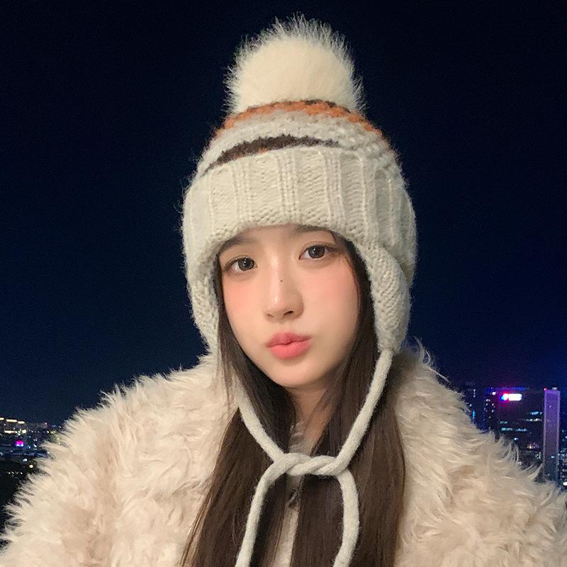 

Korean Version of Versatile Knitted Wool Hat for Women In Autumn and Winter Thickened Windproof Ear Hat Tied with Cute Wool Ball Warm Hat New One Size