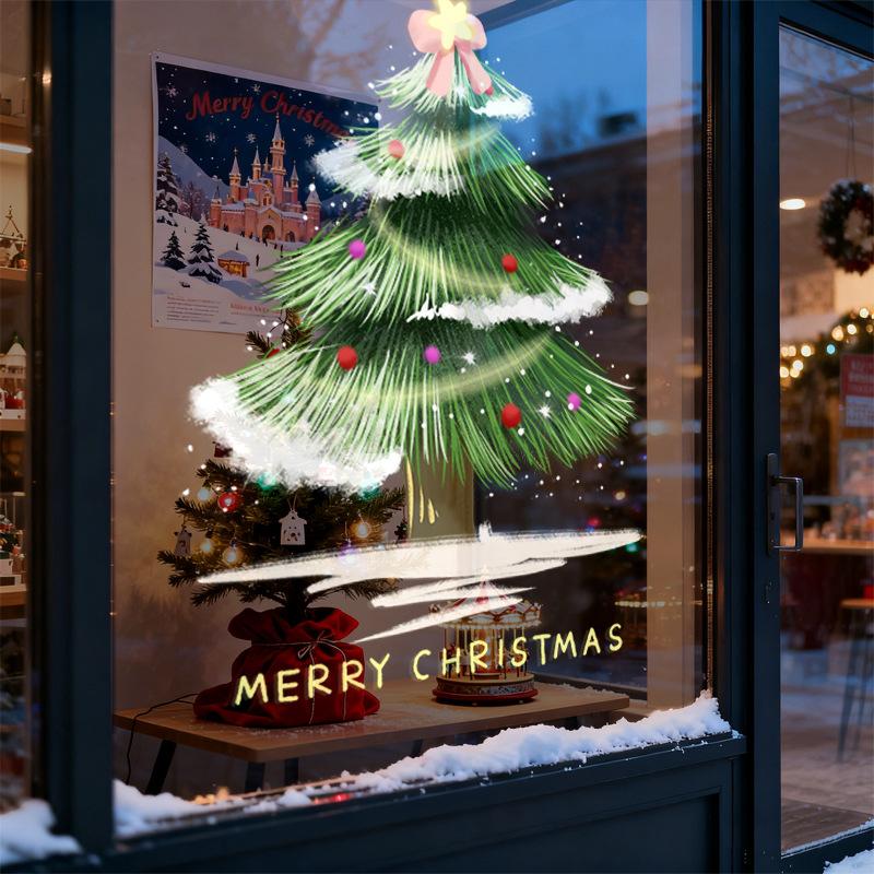Bow Green Christmas Tree Electrostatic Sticker Shop Window, Festival Shop Decoration, Event Gift Box, Glass Door Sticker
