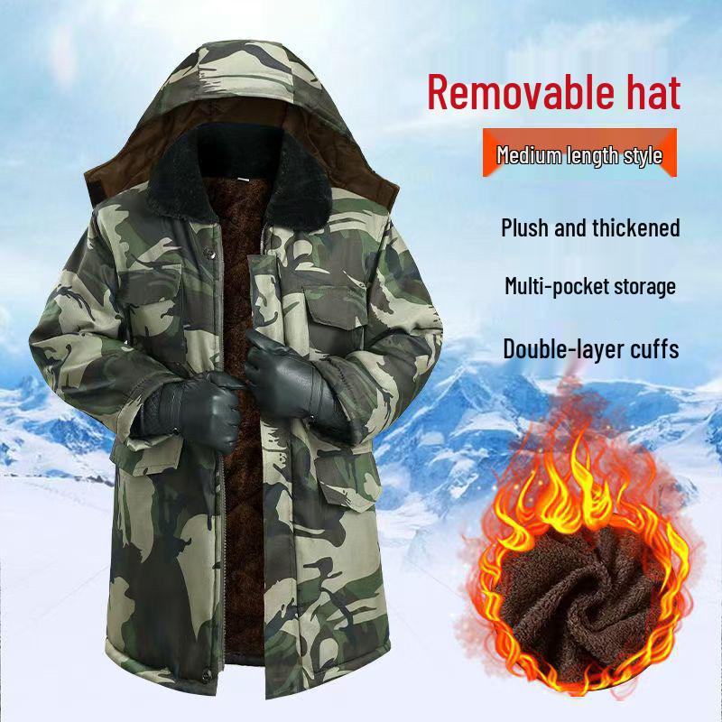 Men's Mid-Length Fleece-Lined Camouflage Overcoat - Windproof, Cold-Resistant, Waterproof, Cotton-Padded for Winter and Labor Protection.