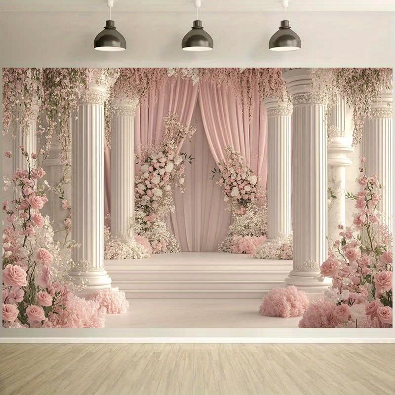1pc Elegant White Column & Floral Arrangement Backdrop - Ideal for Weddings, Anniversaries, and Formal Events; Polyester Fabric, 100X70CM