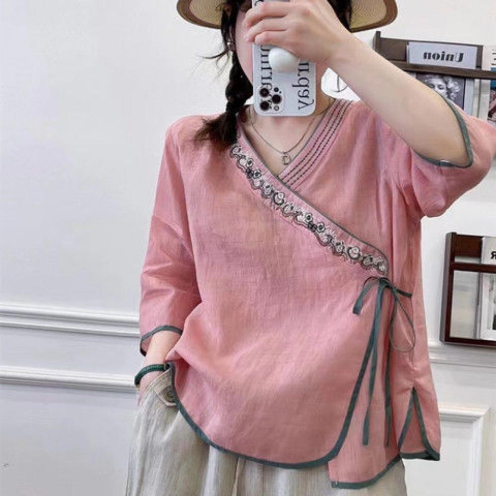 

Новая футболка с V-образным вырезом, ретро-воротником в китайском стиле, вышитая из хлопка и льна с короткими рукавами для женщин на лето со свободными завязками, верхняя часть с жакетом 4XL розовый