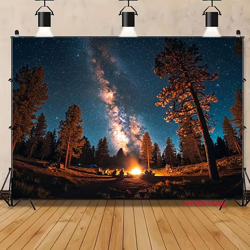 2D Camping Night Tapestry for Cabin Decor, Campfire with Friends Under the Milky Way