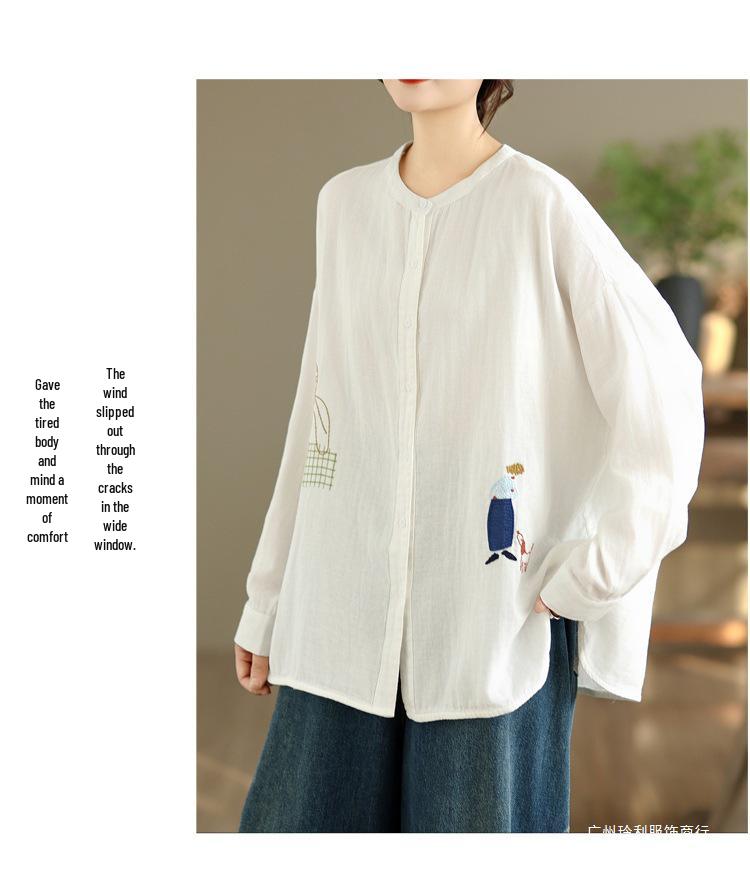Women's 2025 Cotton Gauze Round Neck Long Sleeve Loose Embroidery Shirt