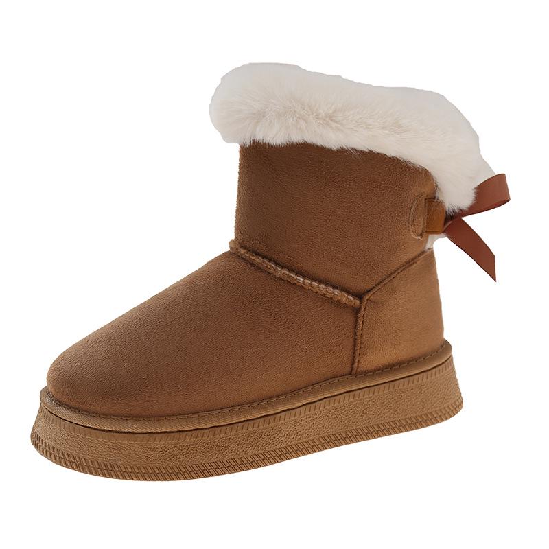 2025 Winter Thick-Soled Fleece-Lined Slip-On Snow Boots with Bow Detail - Warm Plus Size