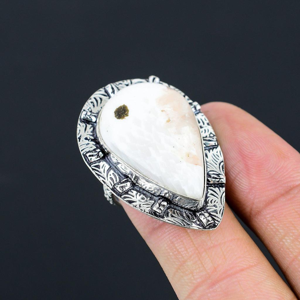 Natural Scolecite Gemstone 925 Sterling Silver Statement Ring Size 8 For Women