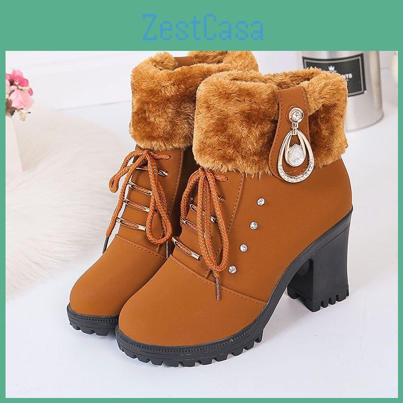 Boots For Ankle Fur Winter Women Plush Thick Warm High Heel Female Short Boots Party Wedding Footwear Elegant Botas Shoes