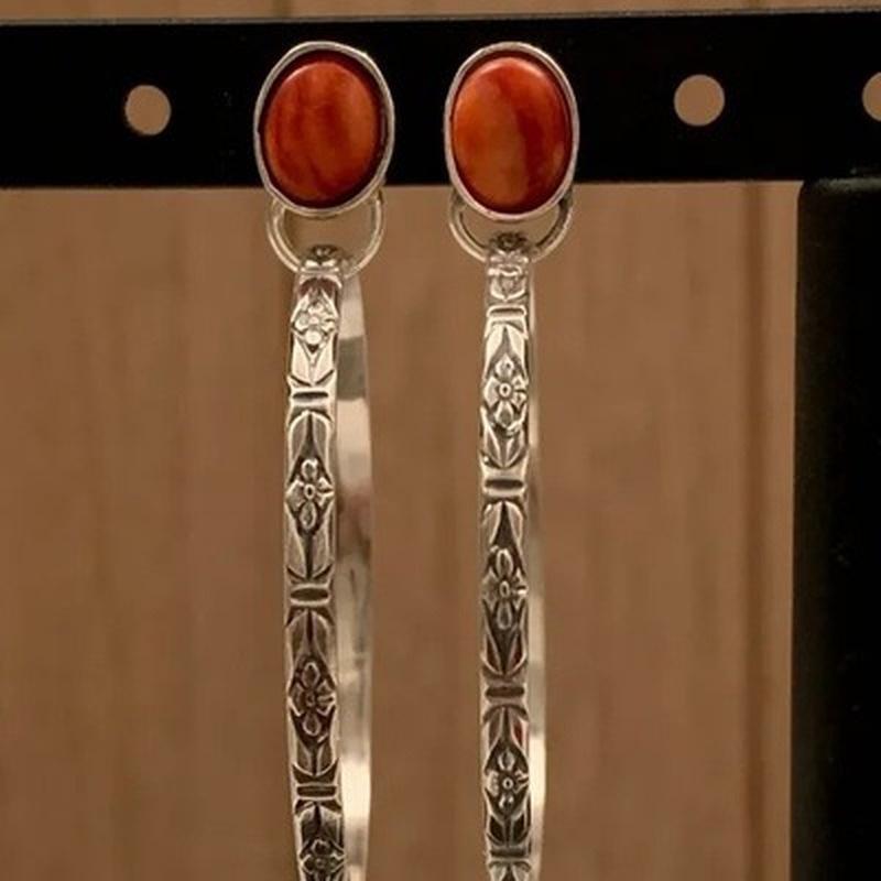 Retro Metal Engraved Circle Earrings with Turquoise Inlay