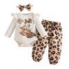 Autumn Cartoon Letter Bodysuit & Bowknot Leopard Pants Set - Long Sleeve for Girls