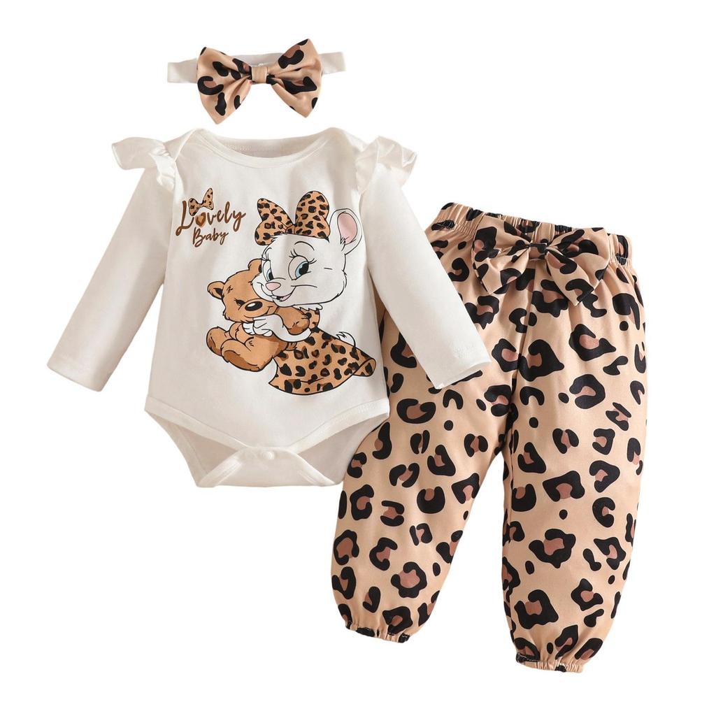 Autumn Cartoon Letter Bodysuit & Bowknot Leopard Pants Set - Long Sleeve for Girls