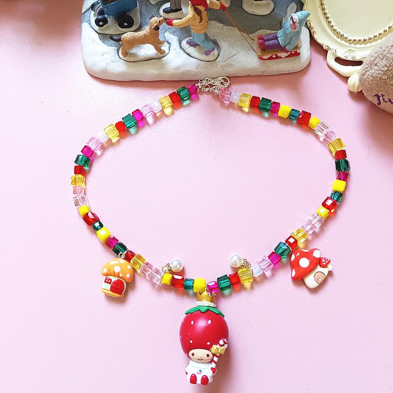 Festive Handmade Kuromi & Strawberry Crystal Beaded Choker Necklace