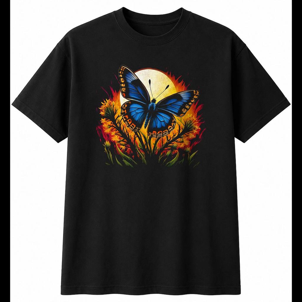 Psychedelic Common Blue Butterfly in Moonlight Nature Mens T-Shirt Black Printed