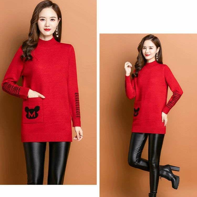 Half Turtleneck Sweater Mid-length Pullover for Women Solid-color Loose Sweater Jacquard Knitted Sweater Top