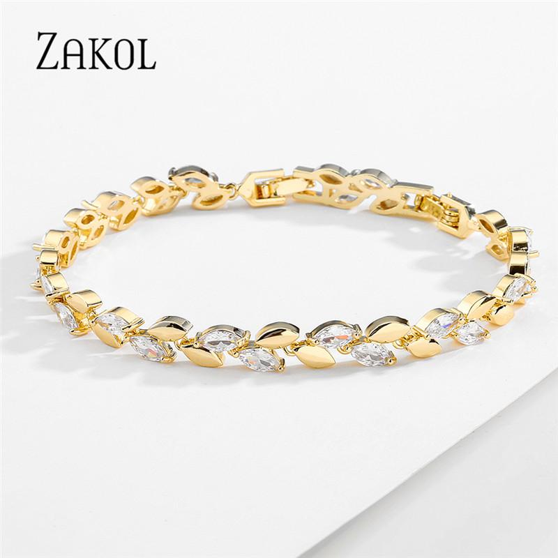 ZAKOL Trendy Charm Marquise Cut Cubic Zirconia Bracelets For Women CZ Leaf Bridal Wedding Party Jewelry Gift BP2252