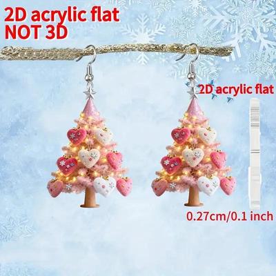 Pink Heart Christmas Tree Doll Earrings - Acrylic Holiday Decoration