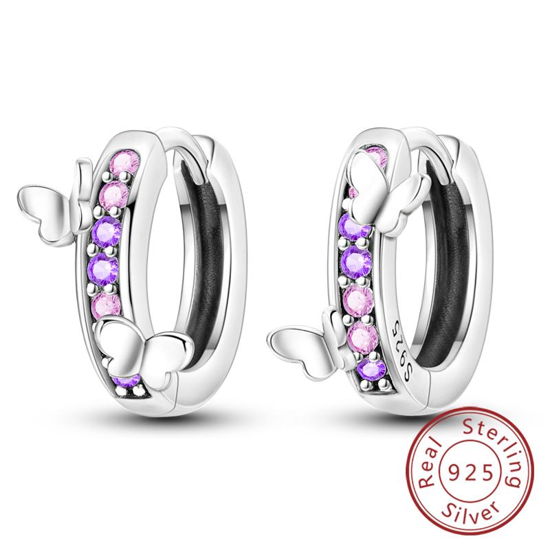 New Original 925 Silver Hoop Earrings Purple Zircon Flowers Butterflies Studs Earring For Women Wedding Engagement Gift