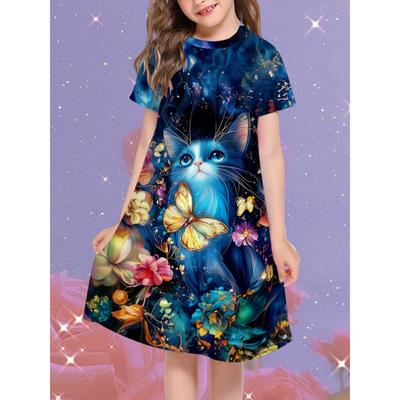 Girls' 3D Animal Cat Printed Short Sleeved Dress, Summer Fashionable T-shirt Skirt, Suitable for Daily Wear