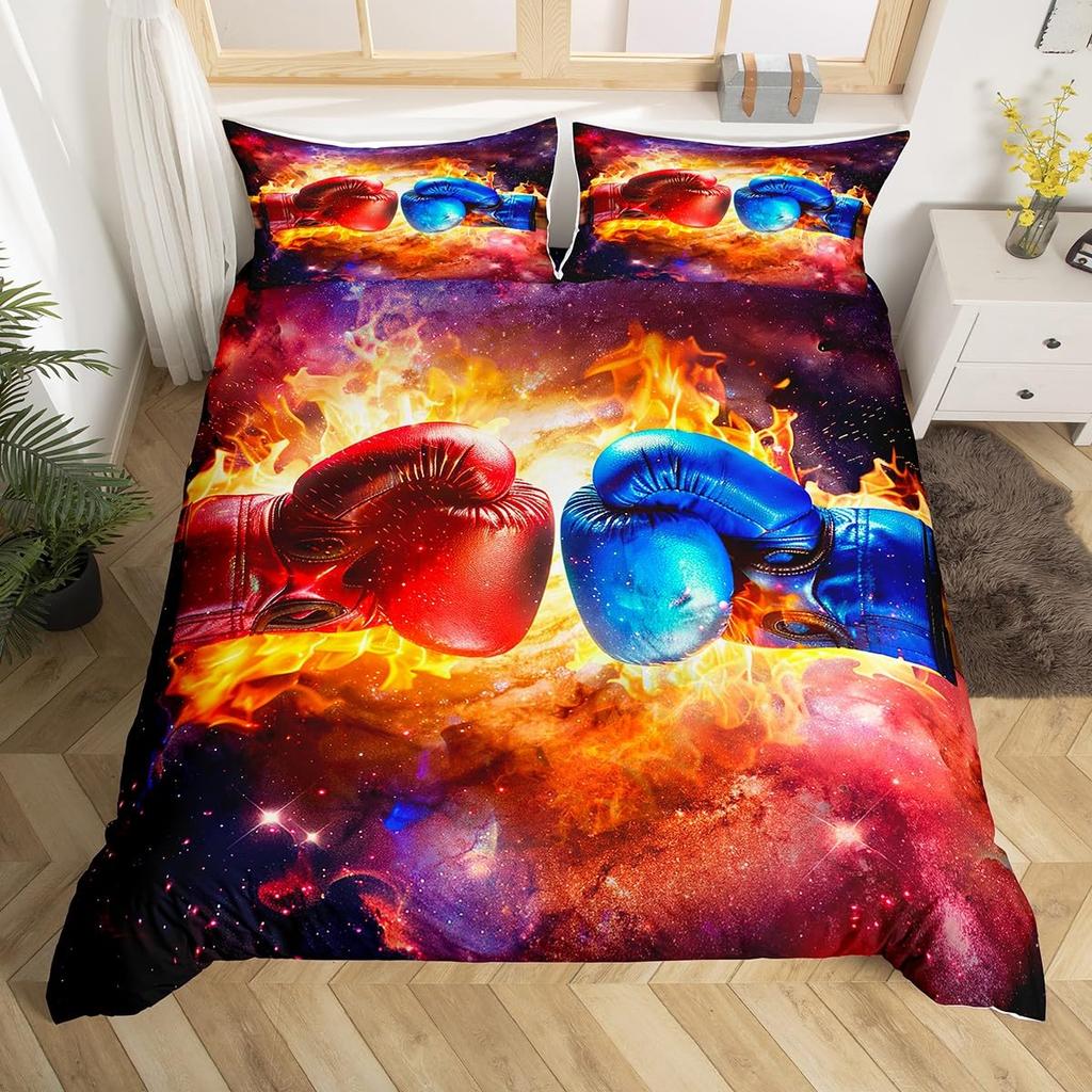 Boxing Sport Duvet Cover Set Golden Boxing Gloves Comforter Cover Kids Boys Teens Yellow Fire Print Duvet Covers with Pillowcase