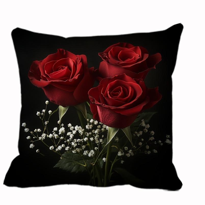 Black Pillowcase Red Roses For Living Room Bedroom Office Car Sofa Decor No Insert 18X18 Inch
