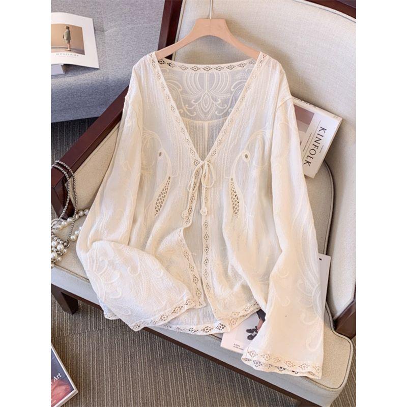 Plus Size New Chinese Style Embroider Lace Lace Sweet Long Sleeve Shirt Women's Spring & Fall Loose Thin V-neck Outer Tops