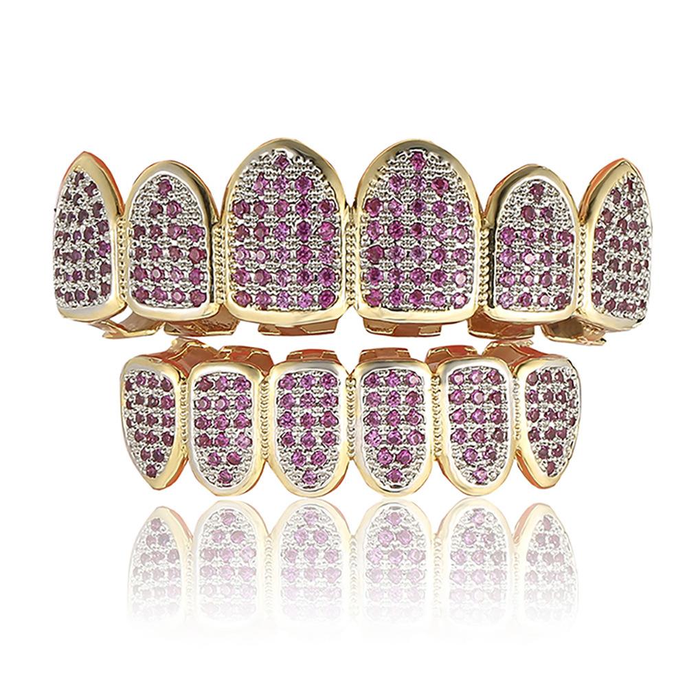 Vampire Hip Hop Gold Tooth Set Copper Inlaid Rose Red Zircon Plated 14K Gold Grillz Hip Hop Gold Grillz Jewelry