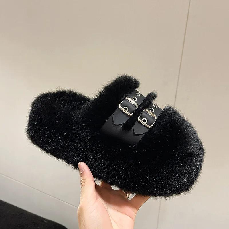 Winter Women Slippers Designer Belt Buckle Furry Slippers Fashion Outdoor Casual Slides 7cm Height Increasing Platform Slippers