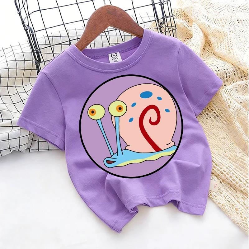 SpongeBob T-Shirt for Kids, Cartoon Design, Round Neck, for Boys and Girls, Cotton, Casual Streetwear, Short Sleeve, Kids' Tops