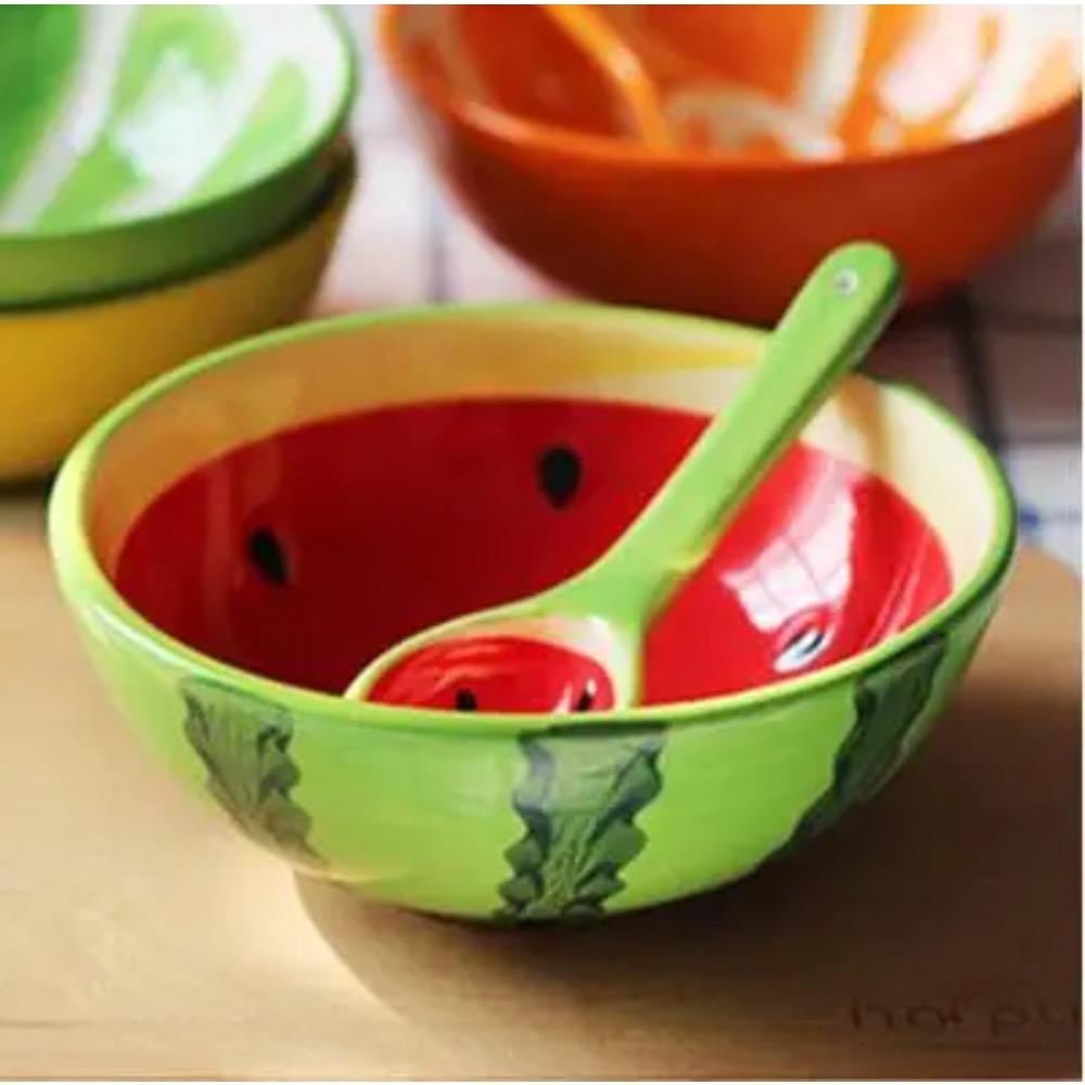 Ceramic Creative Fruit Bowl, Cute Household Tableware, Hand Painted Watermelon Bowl, Strawberry Orange Bowl, Ceramic Bowl Spoon