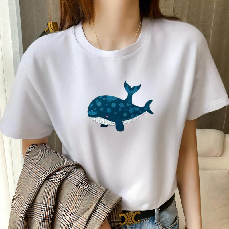 Summer 2025 Fun Whale Print Short Sleeve Women's Design Loose Large Size Skinny Cotton Top White T-Shirt
