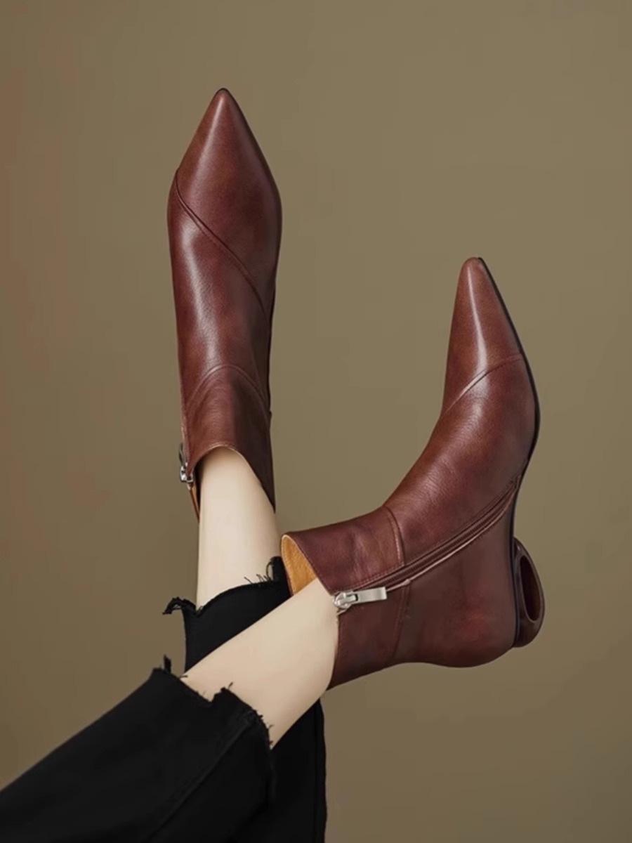 

Hongkai soft leather short boots women s 2025 new autumn and winter single boots pointed mid-heel British temperament fashion boots 39 темно-коричневого кольору