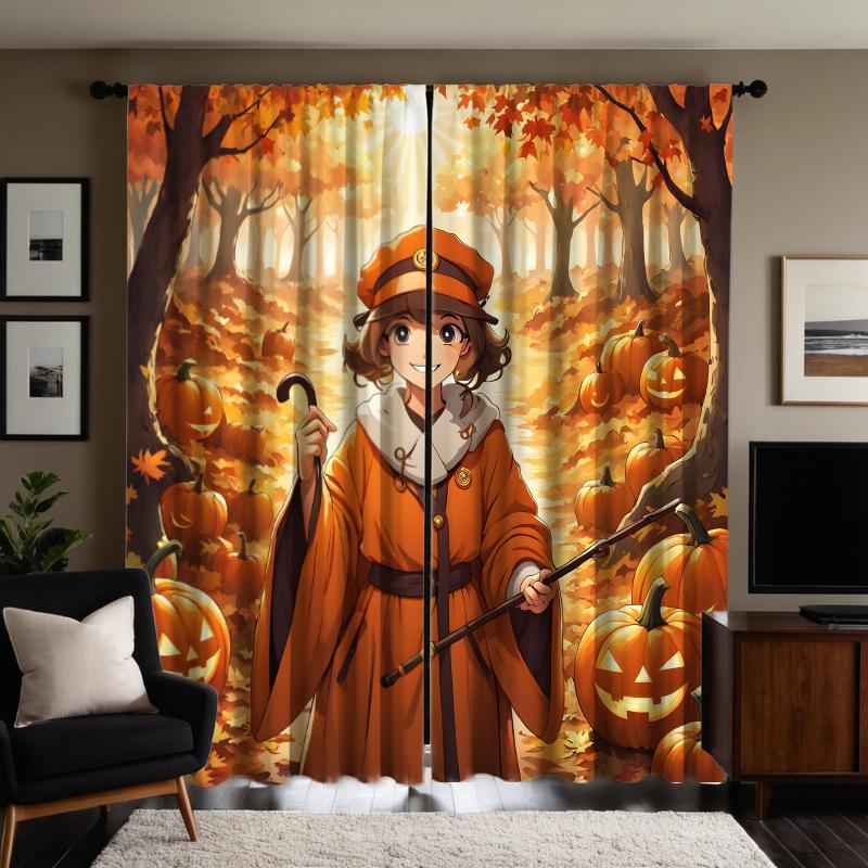 2 pièces HD Feuille d'érable Forêt Prince Jack-o '-lantern rideau avec canne à la main Cravate jaune rideau imprimé numérique Décoration de la maison sty